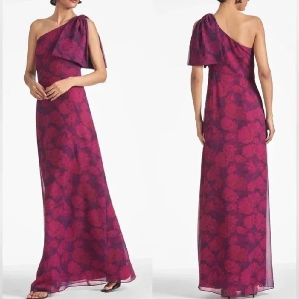 Sachin & Babi Chelsea Floral One Shoulder Gown Purple Magenta Chiffon Maxi size2